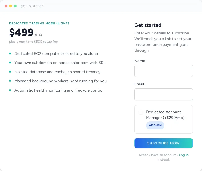 Subscribe form on the ohlcx-nodes landing page