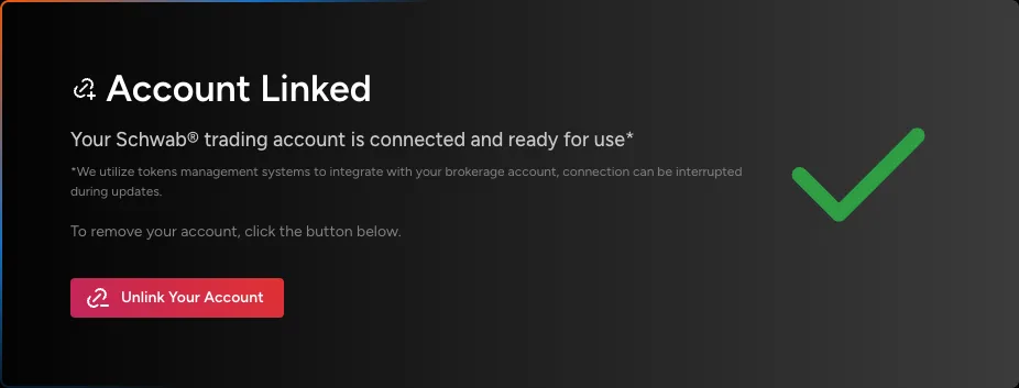 Schwab account linked confirmation inside OHLCX Light